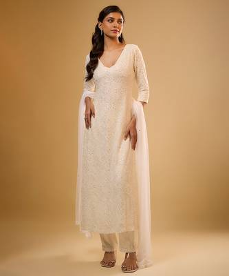 Ivory sequin embroidered georgette kurta Set 3