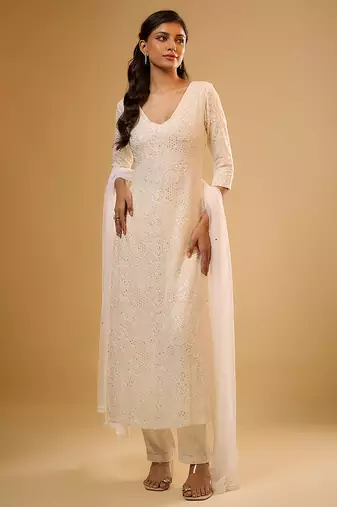Ivory sequin embroidered georgette kurta Set