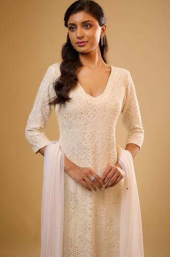 Ivory sequin embroidered georgette kurta Set