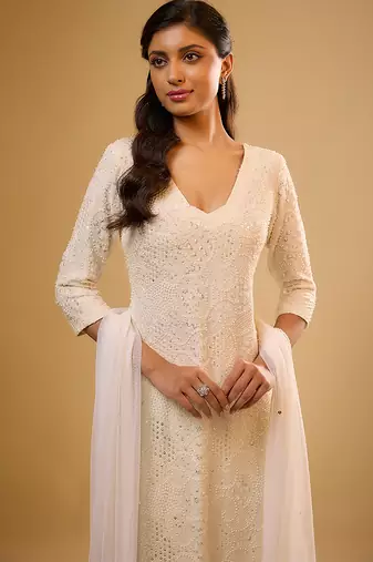 Ivory sequin embroidered georgette kurta Set