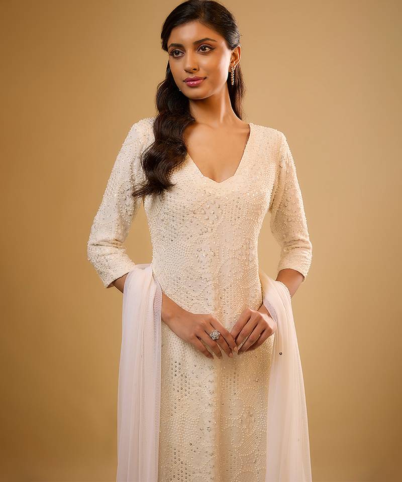 Ivory sequin embroidered georgette kurta Set