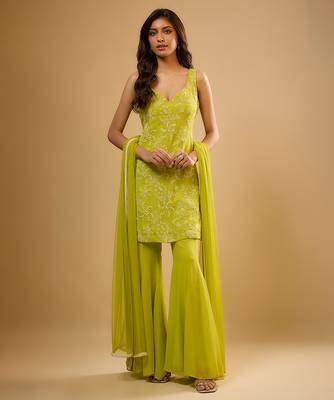 Green floral embroidered georgette sharara 1
