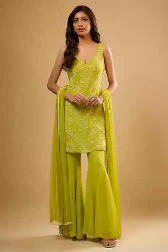 Green floral embroidered georgette sharara