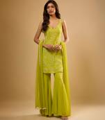 Green floral embroidered georgette sharara