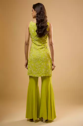 Green floral embroidered georgette sharara