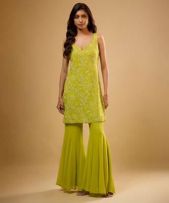 Green floral embroidered georgette sharara 4