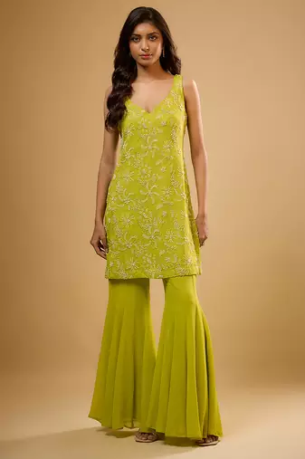 Green floral embroidered georgette sharara