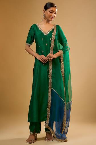 Green embroidered dupion silk kurta Set