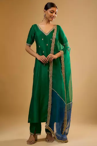 Green embroidered dupion silk kurta Set
