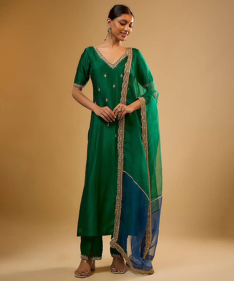 Green embroidered dupion silk kurta Set