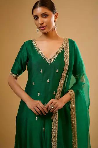 Green embroidered dupion silk kurta Set