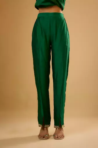 Green embroidered dupion silk kurta Set