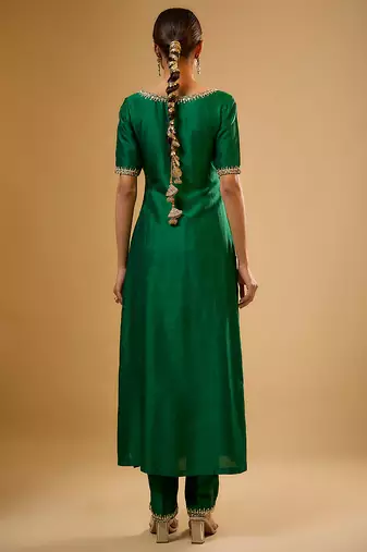 Green embroidered dupion silk kurta Set