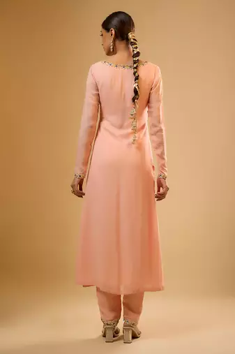 Peach embroidered georgette kurta Set
