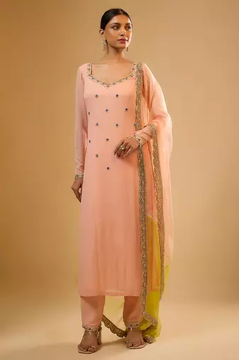 Peach embroidered georgette kurta Set
