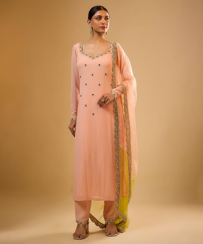 Peach embroidered georgette kurta Set