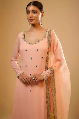 Peach embroidered georgette kurta Set