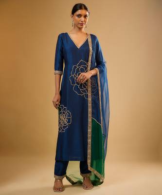 Blue floral embroidered dupion silk kurta Set 1