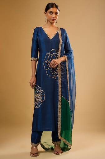 Blue floral embroidered dupion silk kurta Set