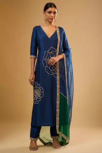 Blue floral embroidered dupion silk kurta Set
