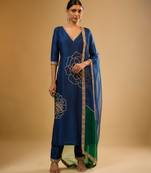 Blue floral embroidered dupion silk kurta Set