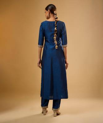 Blue floral embroidered dupion silk kurta Set 2