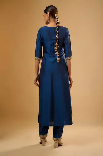 Blue floral embroidered dupion silk kurta Set