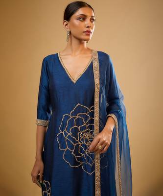 Blue floral embroidered dupion silk kurta Set 3