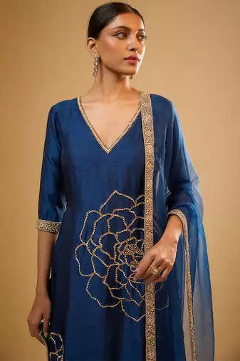 Blue floral embroidered dupion silk kurta Set