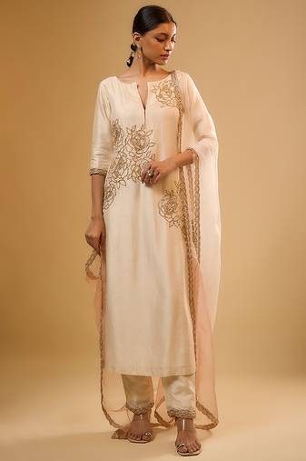 Ivory floral embroidered dupion silk kurta Set