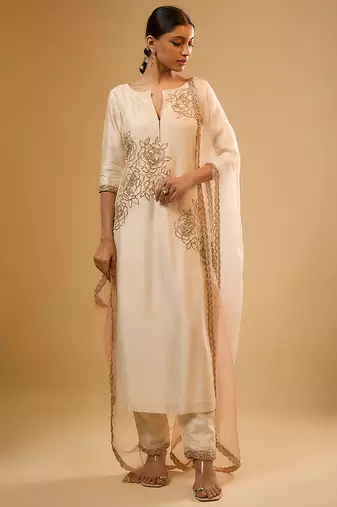 Ivory floral embroidered dupion silk kurta Set