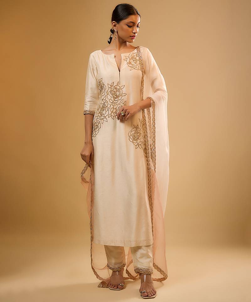 Ivory floral embroidered dupion silk kurta Set