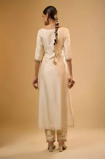 Ivory floral embroidered dupion silk kurta Set
