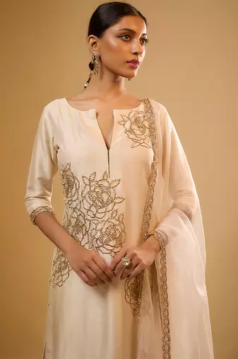 Ivory floral embroidered dupion silk kurta Set