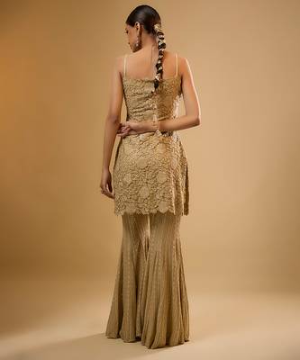 Gold floral embroidered net sharara 2