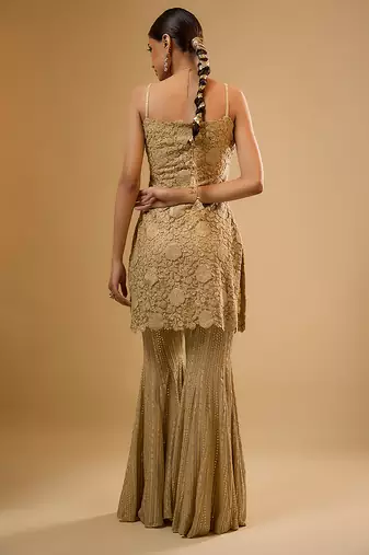 Gold floral embroidered net sharara