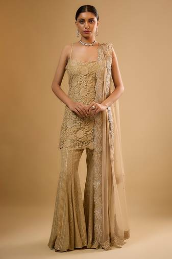 Gold floral embroidered net sharara