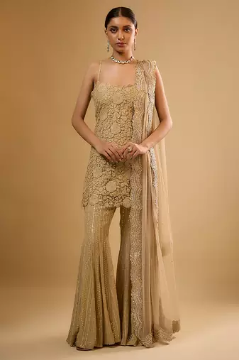 Gold floral embroidered net sharara
