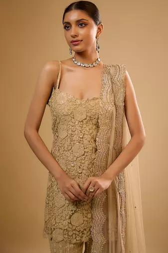 Gold floral embroidered net sharara