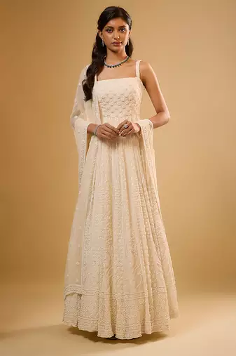 Ivory floral embroidered georgette anarkali
