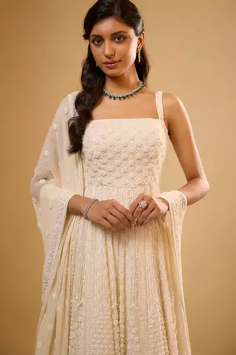 Ivory floral embroidered georgette anarkali