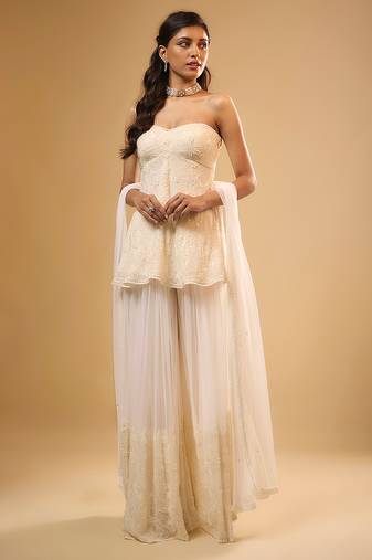 Ivory floral embroidered georgette sharara