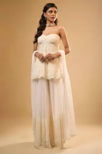 Ivory floral embroidered georgette sharara