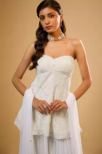 Ivory floral embroidered georgette sharara