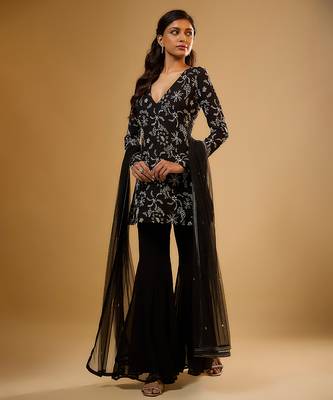 Black floral embroidered georgette sharara 1