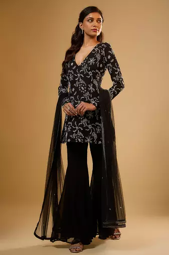 Black floral embroidered georgette sharara