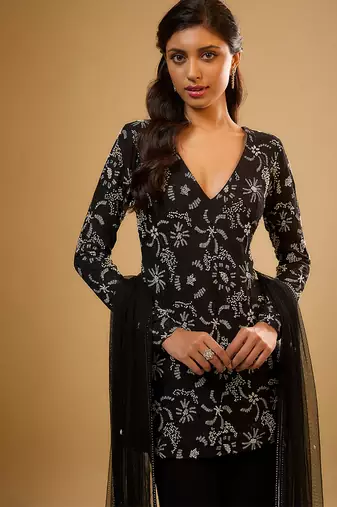 Black floral embroidered georgette sharara