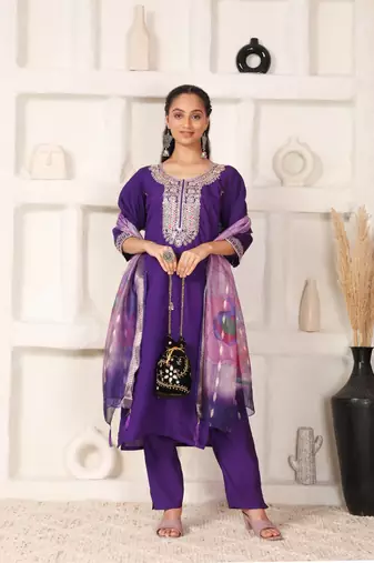 Dark purple chanderi suit with embroidery and organza dupatta