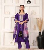 Dark purple chanderi suit with embroidery and organza dupatta