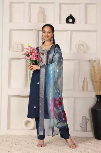 Teal blue chanderi suit with embroidery and organza dupatta